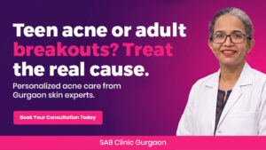 Dermatologist at SAB Clinic Gurgaon examining acne patient during skin consultation