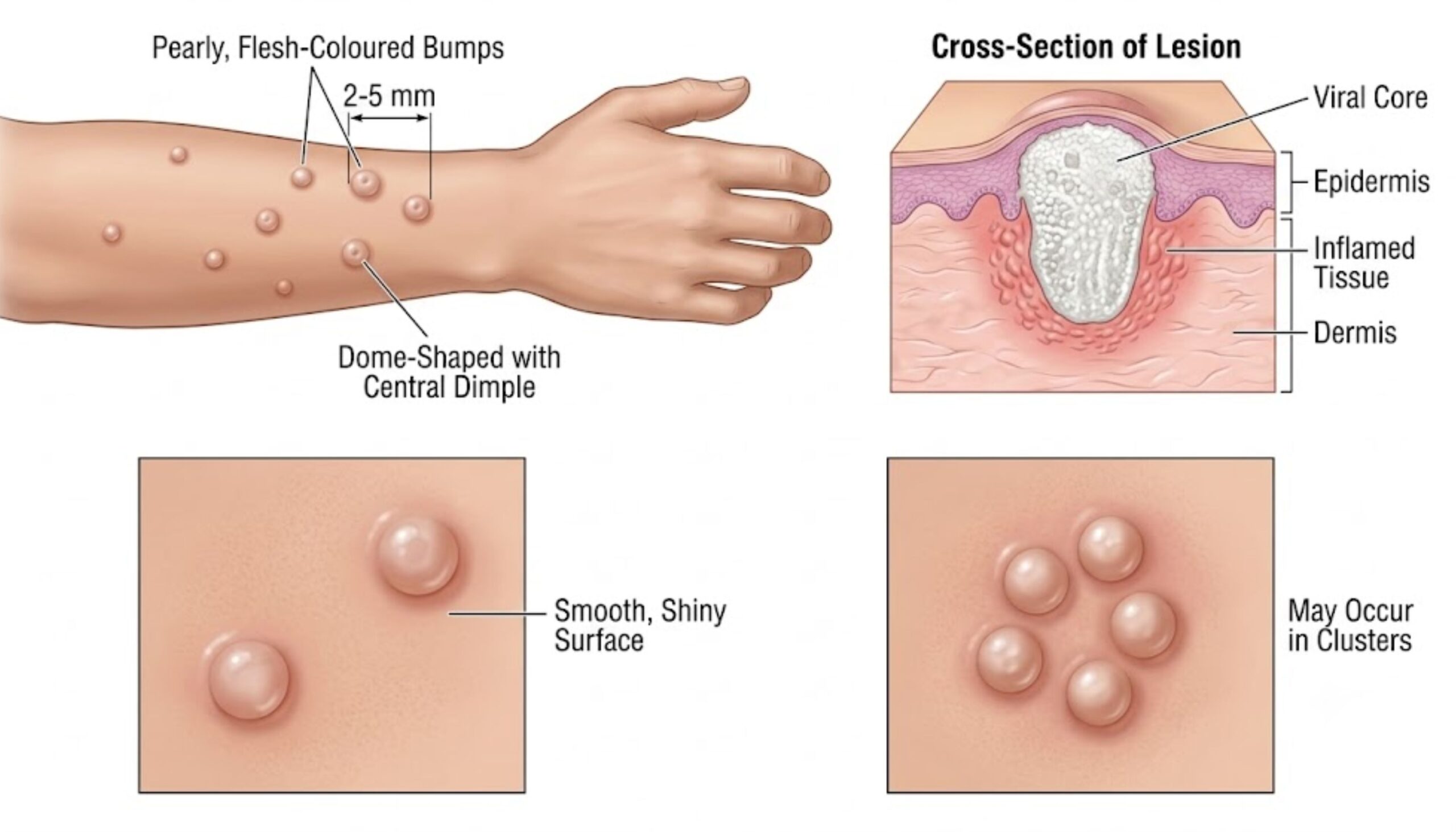 Molluscum contagiosum symptoms - dome shaped bumps with central dimple