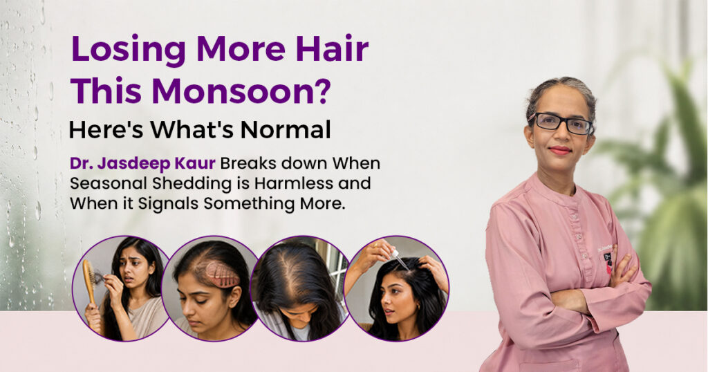 Woman checking hair fall on comb during monsoon season in Gurgaon