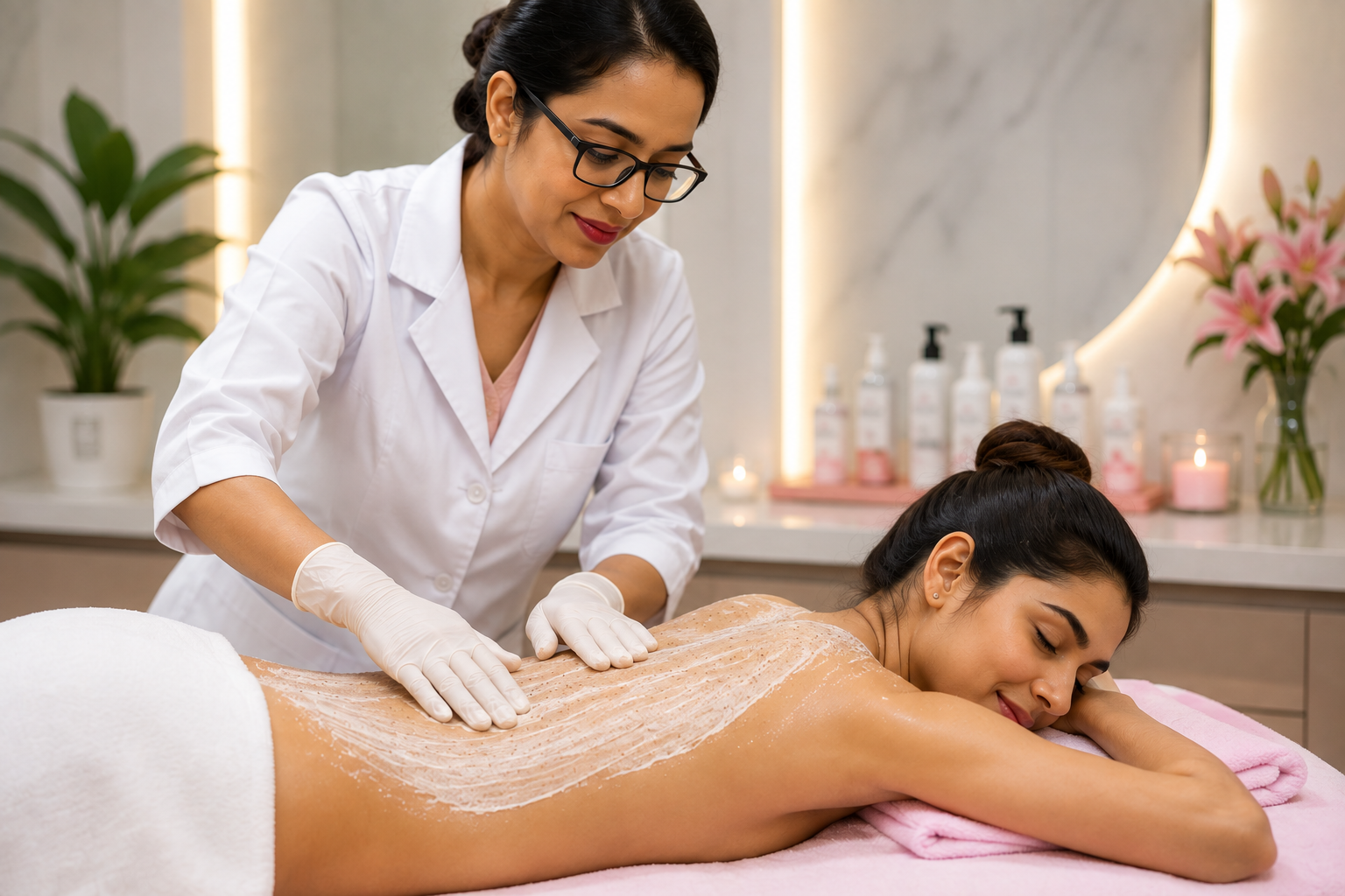 Dermatologist performing full body polishing session for tan removal and skin brightening at Skin Aura clinic Gurgaon
