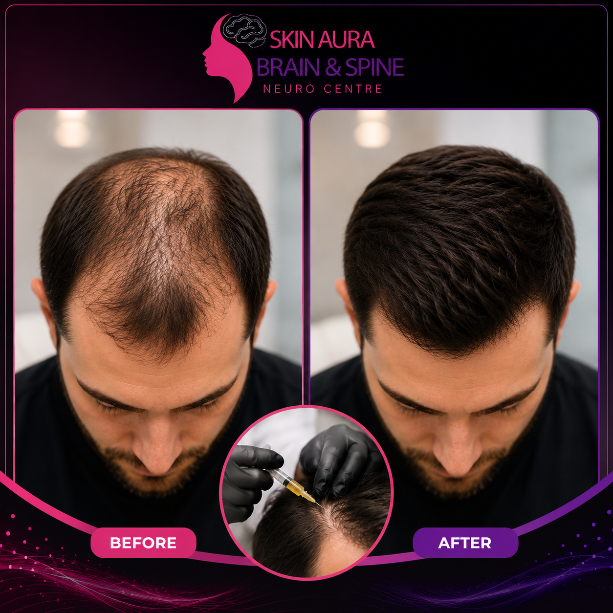 Before and after results of PRP hair treatment at Skin Aura Gurgaon