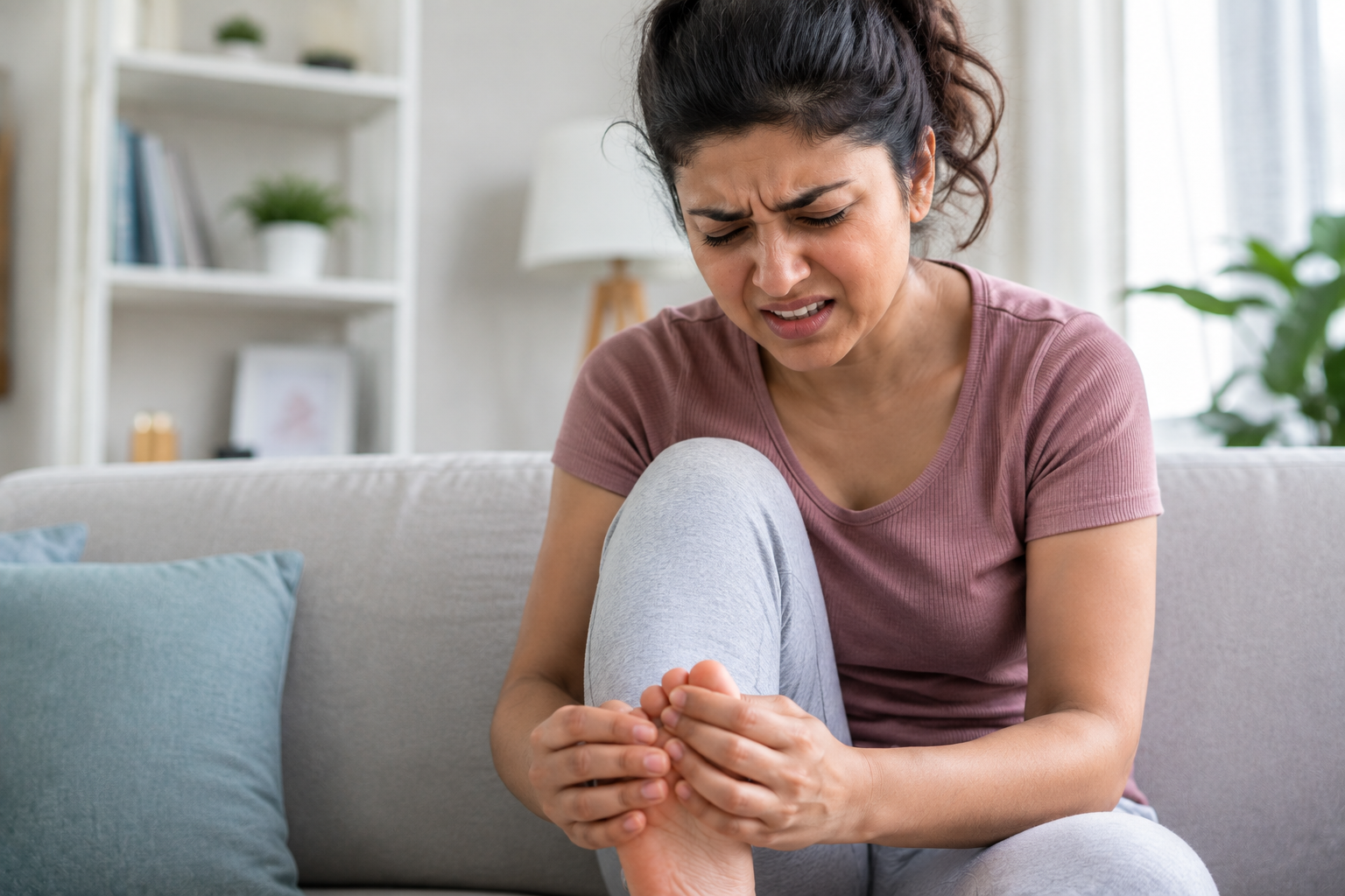 Woman experiencing pain from an ingrown toenail