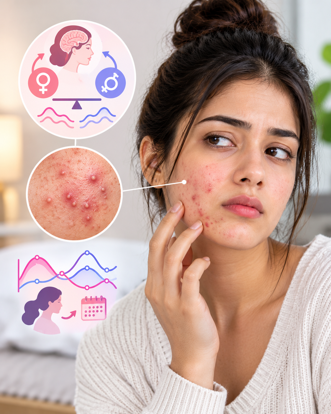 Young woman with hormonal acne caused by hormonal fluctuations