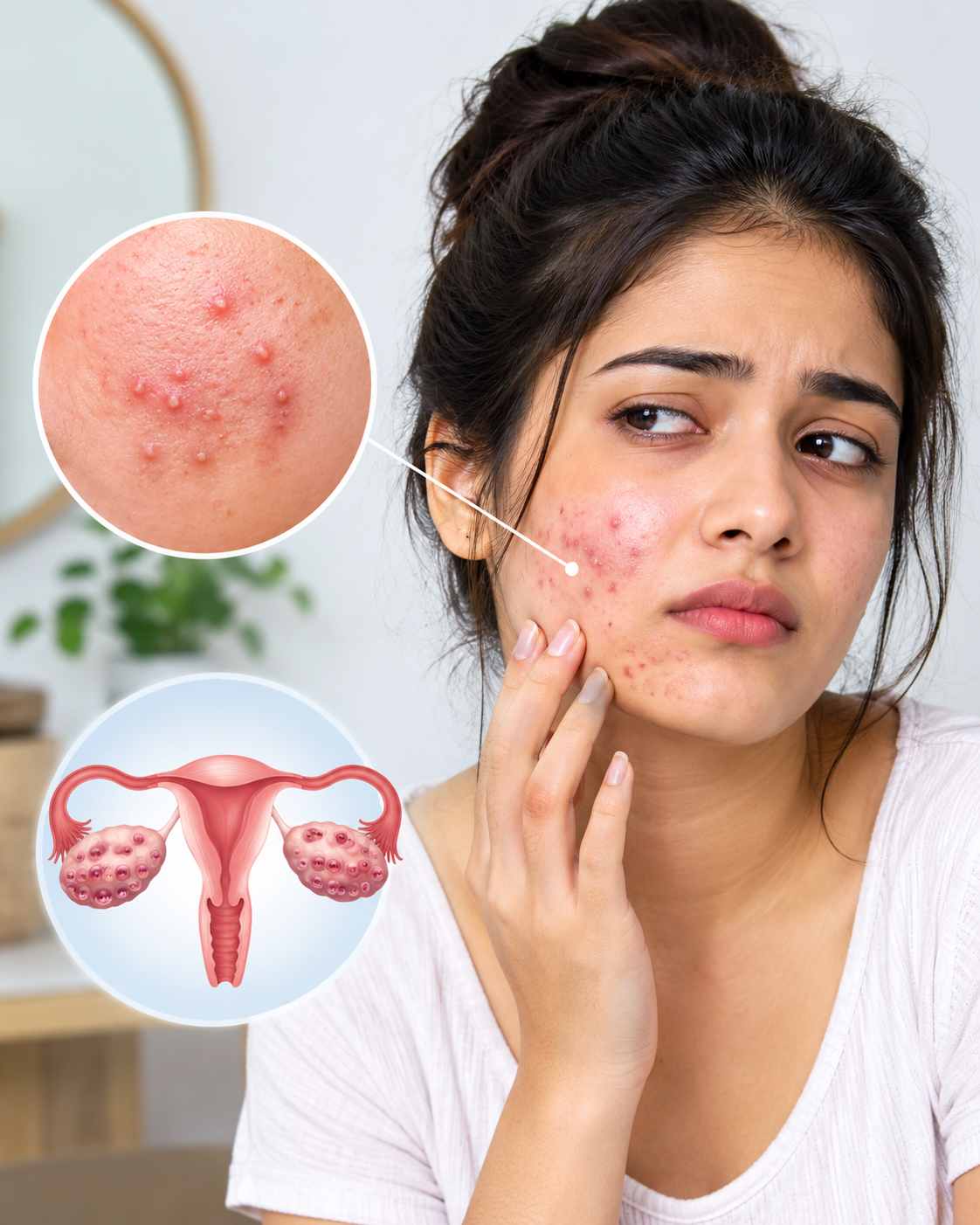 Young woman with PMOS (PCOS)-related acne on her face