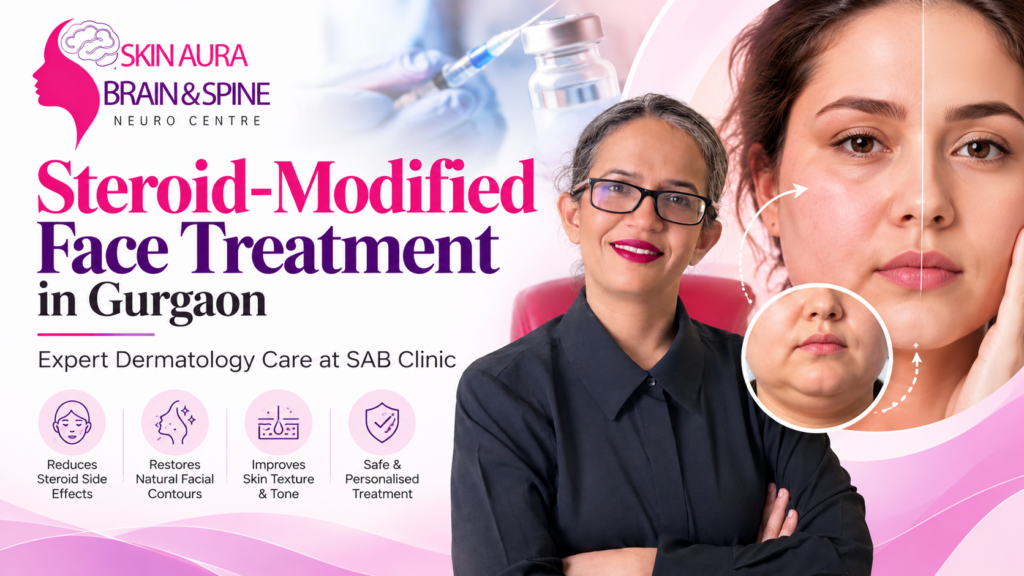 Dermatologist at SAB Clinic Gurgaon examining a patient's red, sensitive facial skin caused by steroid cream misuse