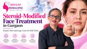 Dermatologist at SAB Clinic Gurgaon examining a patient's red, sensitive facial skin caused by steroid cream misuse
